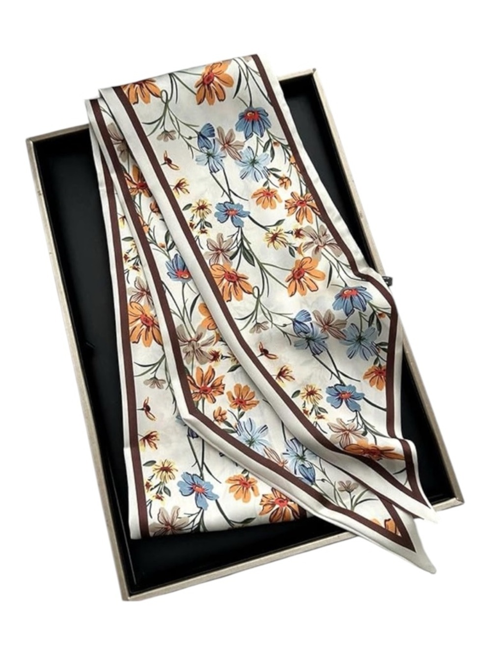 Floral Vine Silk-Feel Neck Scarf in Cream with Blue & Orange - Picture 2 of 6